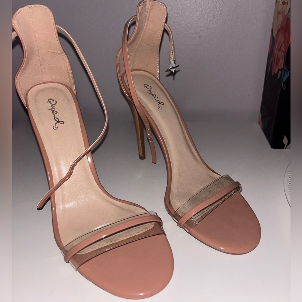 Cupid Tan High Heel Pumps with Ankle Straps